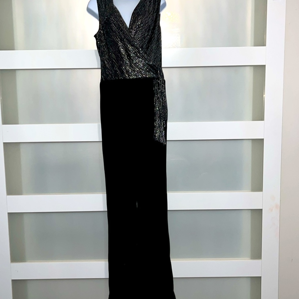 Tiana B. Designer!  Silver Elegance:Black Faux Wrap Jumpsuit w/Glitter Detail